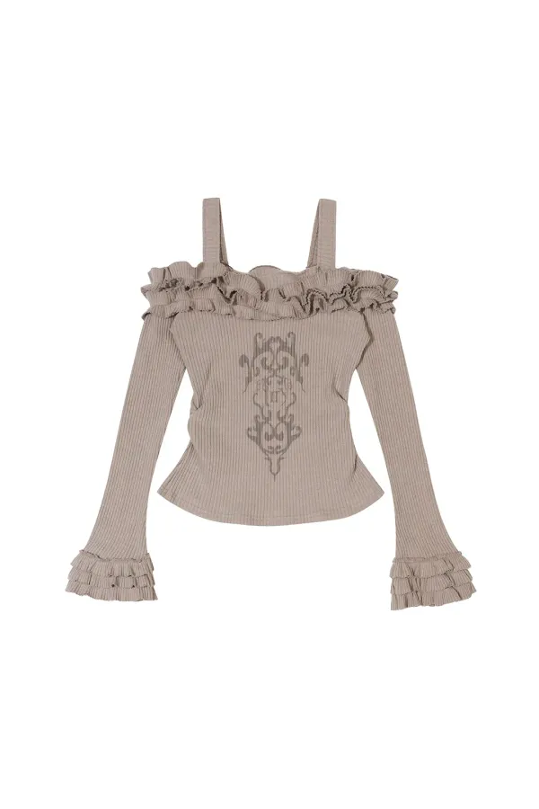 OFF-SHOULDER RUFFLE TOP BROWN