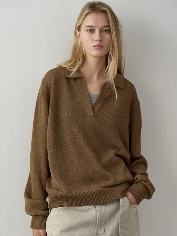 페이퍼 오픈 카라 니트_khaki brown