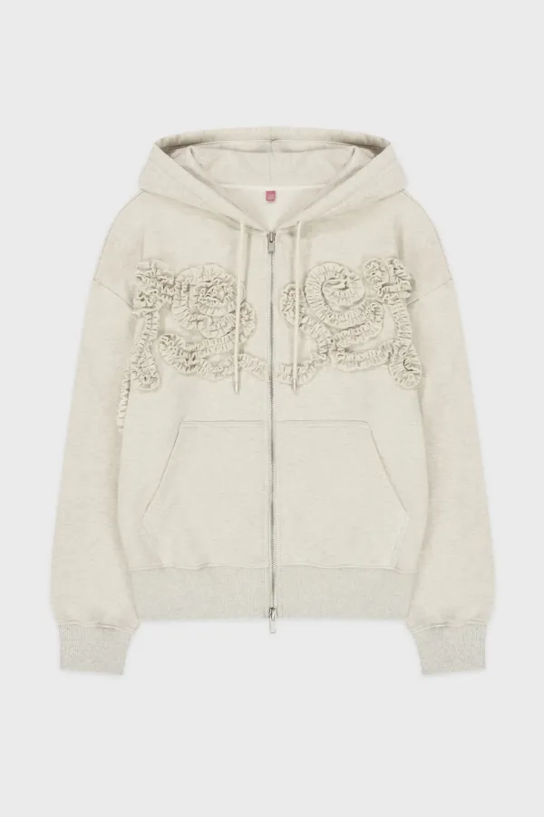 Rose Frill Oversized-Fit Hooded Zip-Up (Oatmeal)
