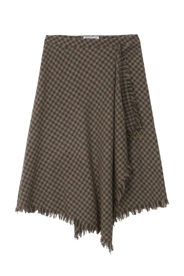 CHECK DRAPED SKIRT_BROWN