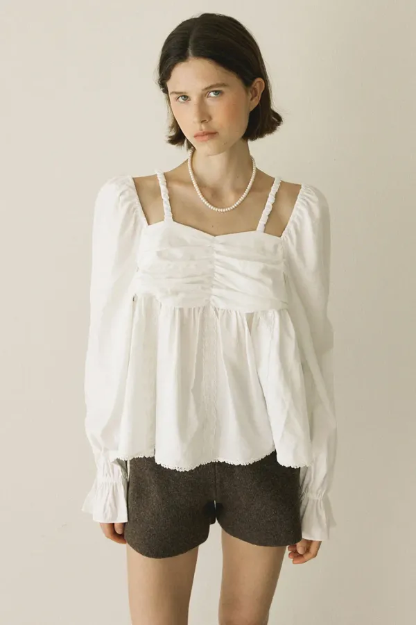 [8차]VIOLA SHIRRING LACE BLOUSE - IVORY