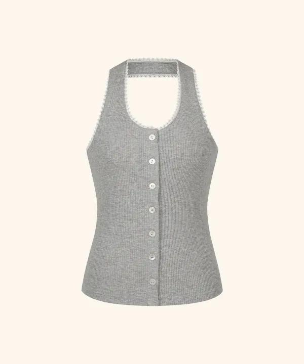 Letters Lace Button Halterneck Top (Melange Grey)
