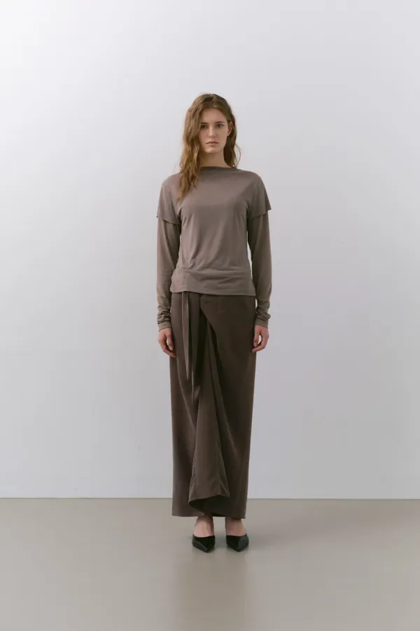 MOCK NECK LAYERED T-SHIRT, TAUPE