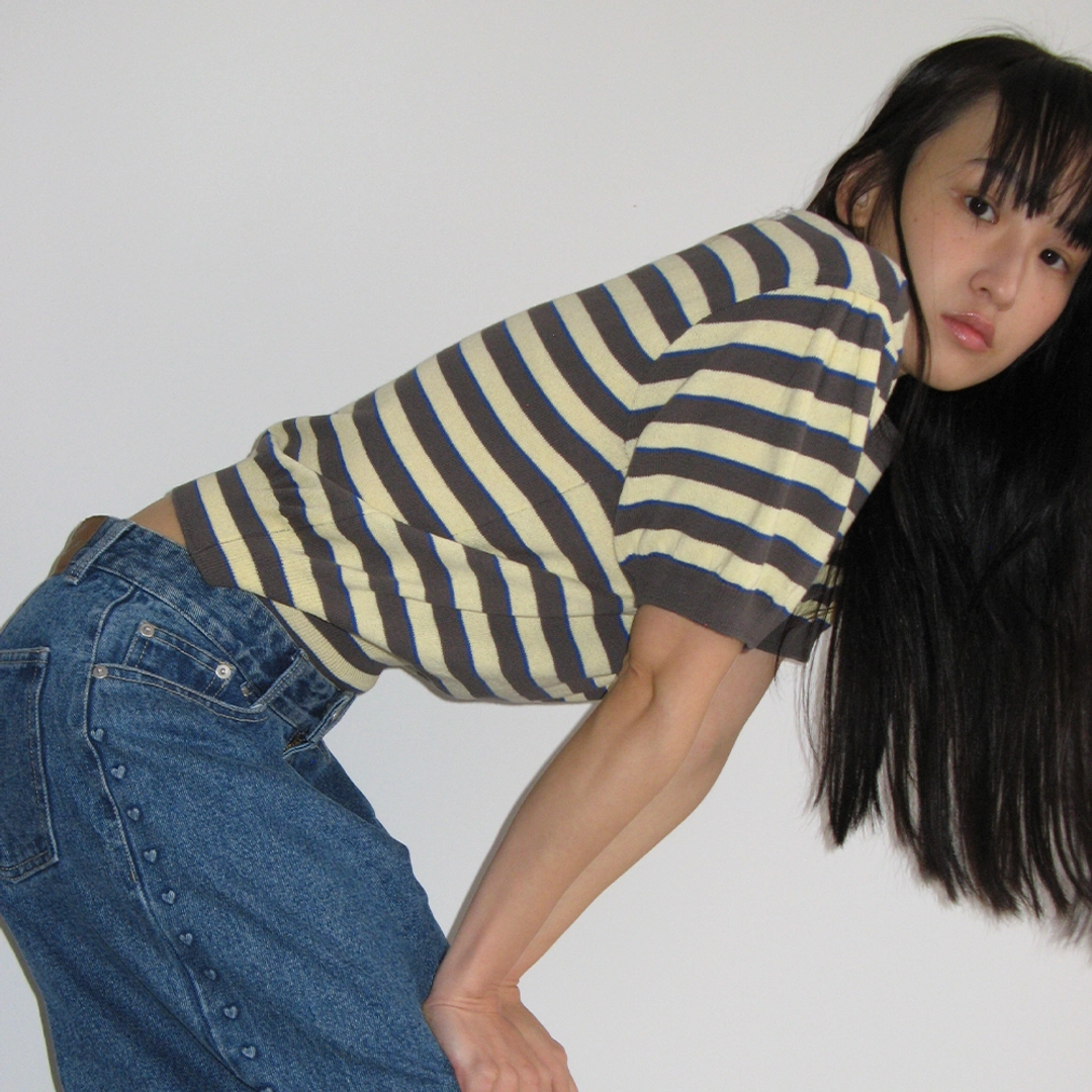 론론 STRIPE PUFF KNIT CHARCOAL YELLOW 상품 이미지 1