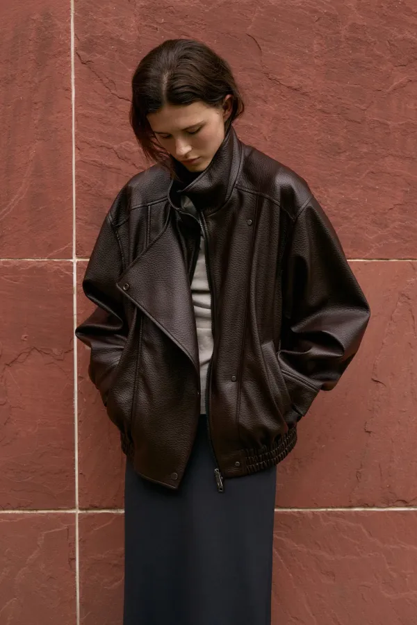 Leather Funnel Neck Jacket[LMBFAUJK122]-Chocolate brown