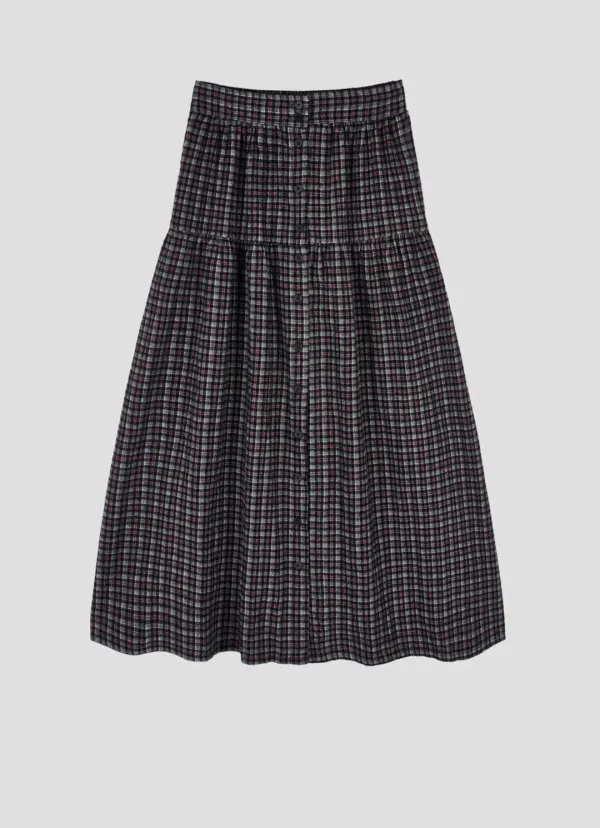 Check Flare Button Skirt