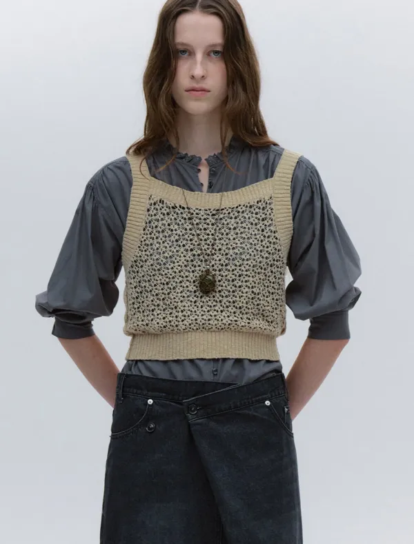 OPENWORK KNIT VEST [BEIGE]