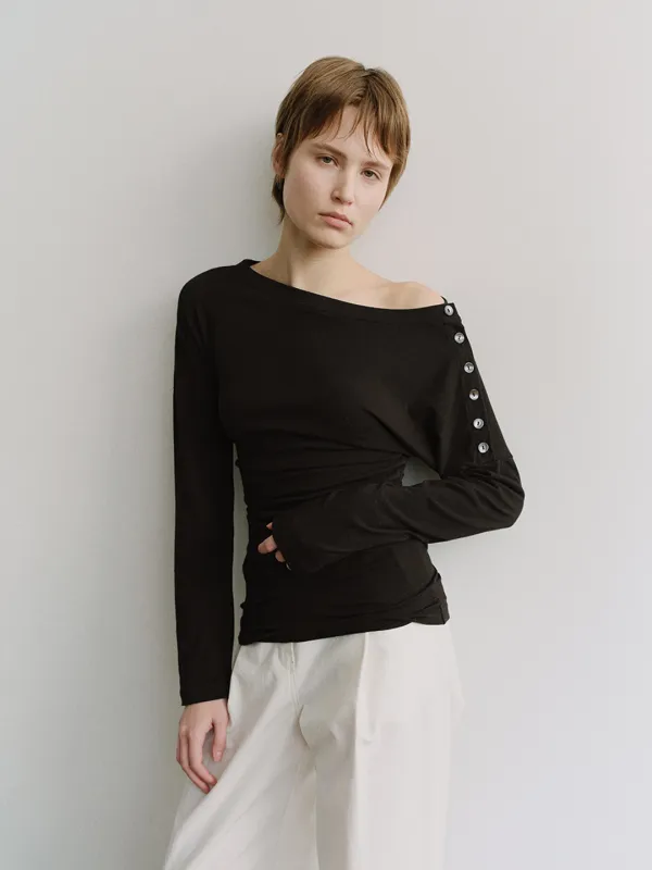 TIS BUTTON OFF-SHOULDER TOP_BLACK