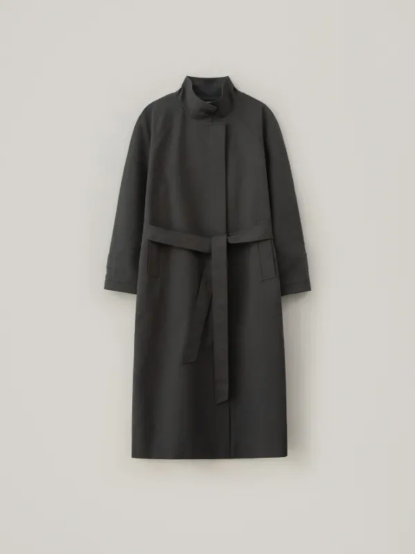 High Neck Cotton Balmacaan Coat - Charcoal