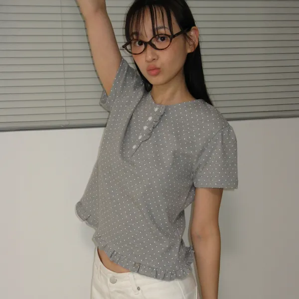 DOT RUFFLE HALF SLEEVE T SHIRT GREY