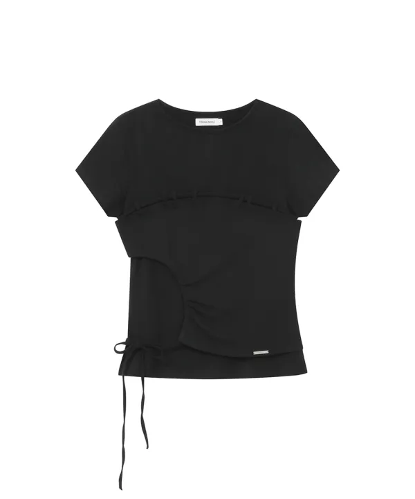 [레이 PICK] String shirring short sleeve BLACK