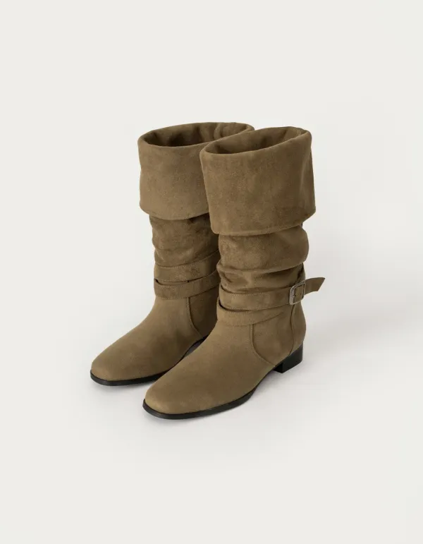 Slouchy Buckle Suede Boots - Brown