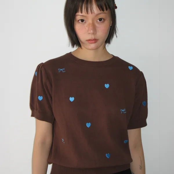 RIBBON HEART PATTERN HALF KNIT BROWN BLUE