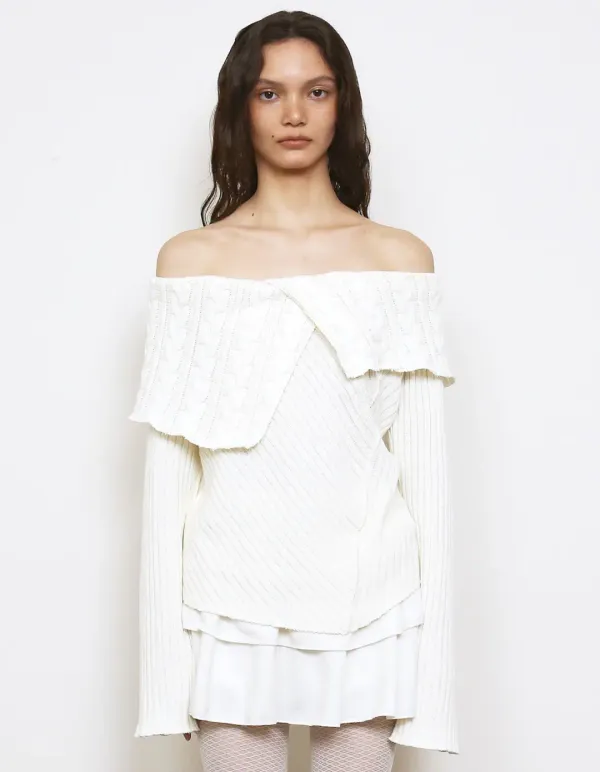 CHUNKY CABLE OFF-SHOULDER SWEATER, CREAM