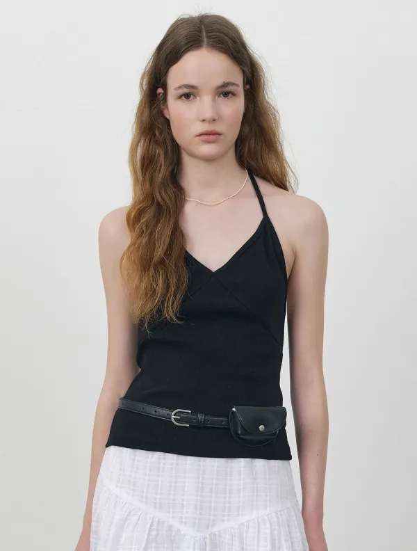Backless v-neck punching halter sleeveless_Black