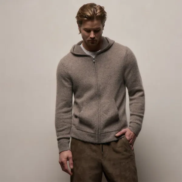 Lightweight Textured Cashmere Knit Zip Up Hoodie - Beige Melange