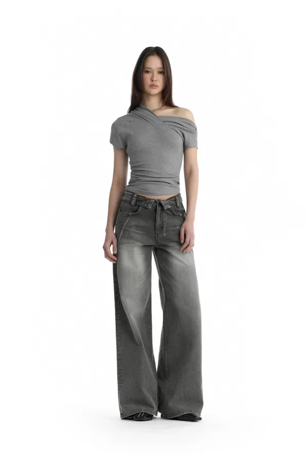 Folded Waistband Low-Rise Denim Pants [ Gray ]