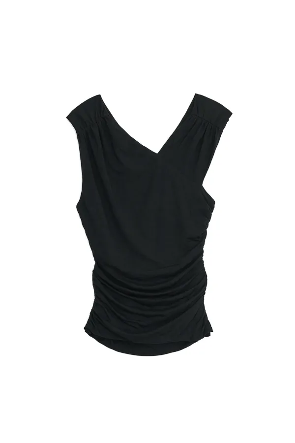 SHIRRING BACK CROSS SLEEVELESS TOP, BLACK