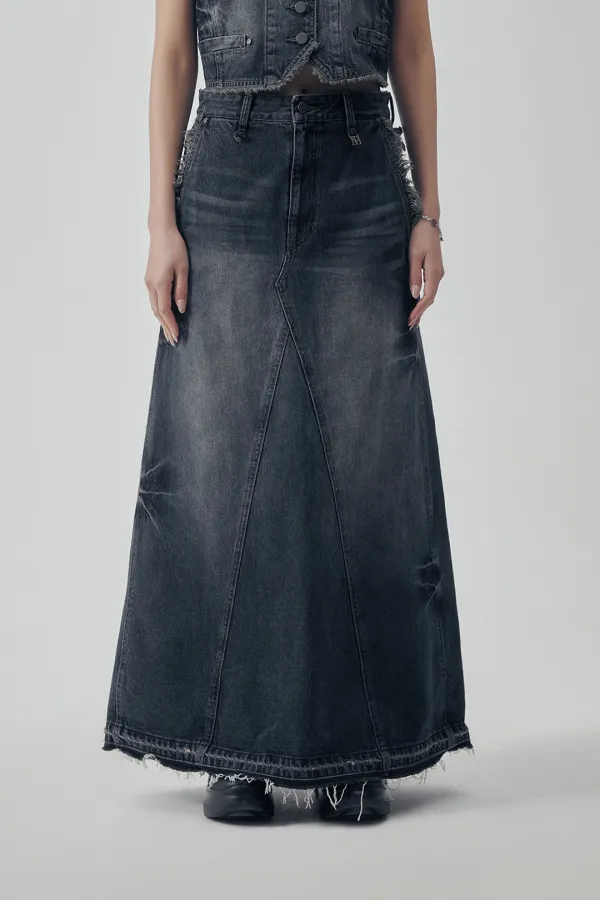 Vintage Frayed Denim Set-up Skirt [ Navy ]