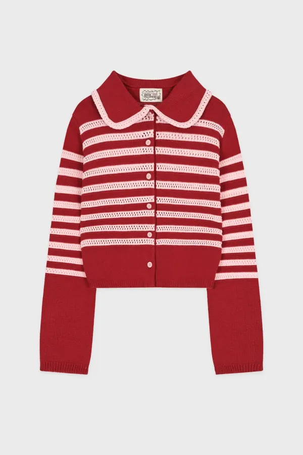 Stripe Collar Cardigan (Red)