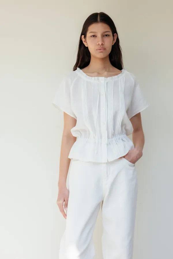 Pure Linen Tuck Half Blouse (White)