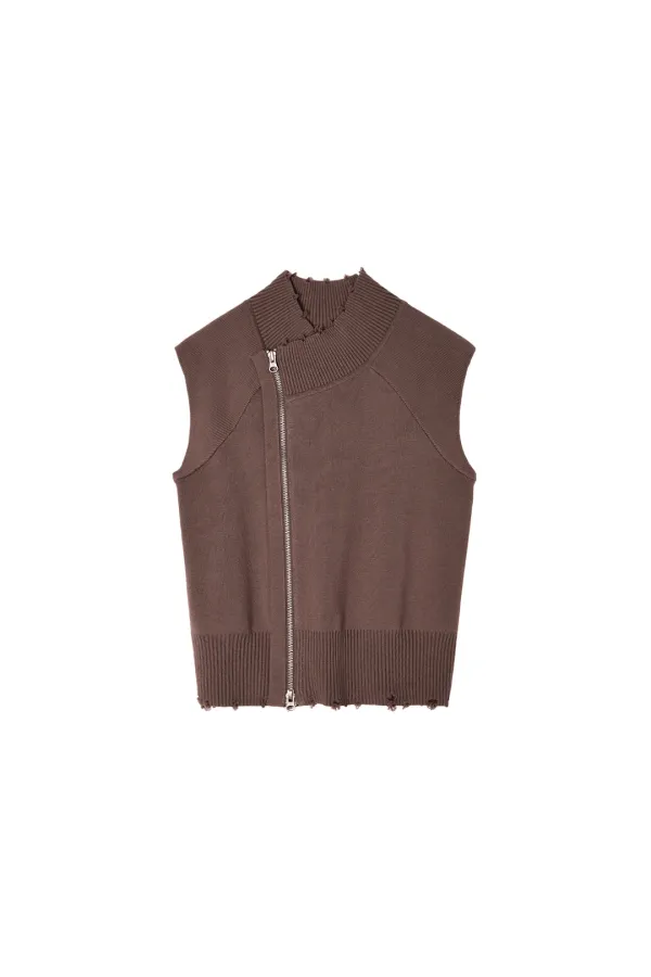 HIGH NECK LOGO KNIT ZIP UP VEST IN BROWN