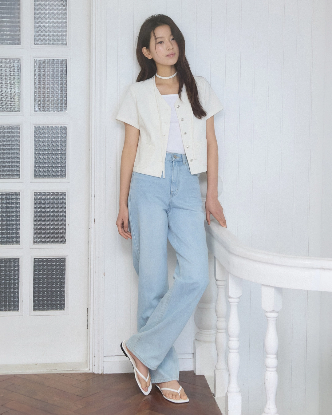 어다울 V neck choker half tweed jacket - ivory 상품 이미지 3