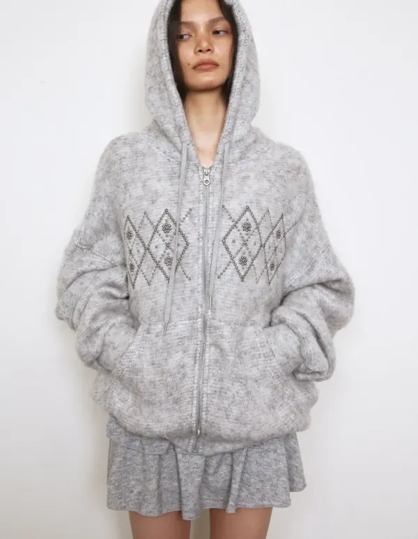 FLUFFY ARGYLE STUDDED HOODIE_ONZI EDITION, GREY