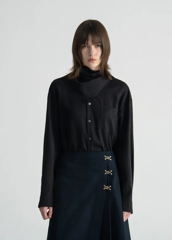 (UNI) LYOCELL DETACHABLE SCARF SHIRT - BLACK