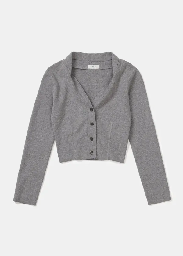 DRAPED NECK KNIT CARDIGAN (MELANGE GREY)