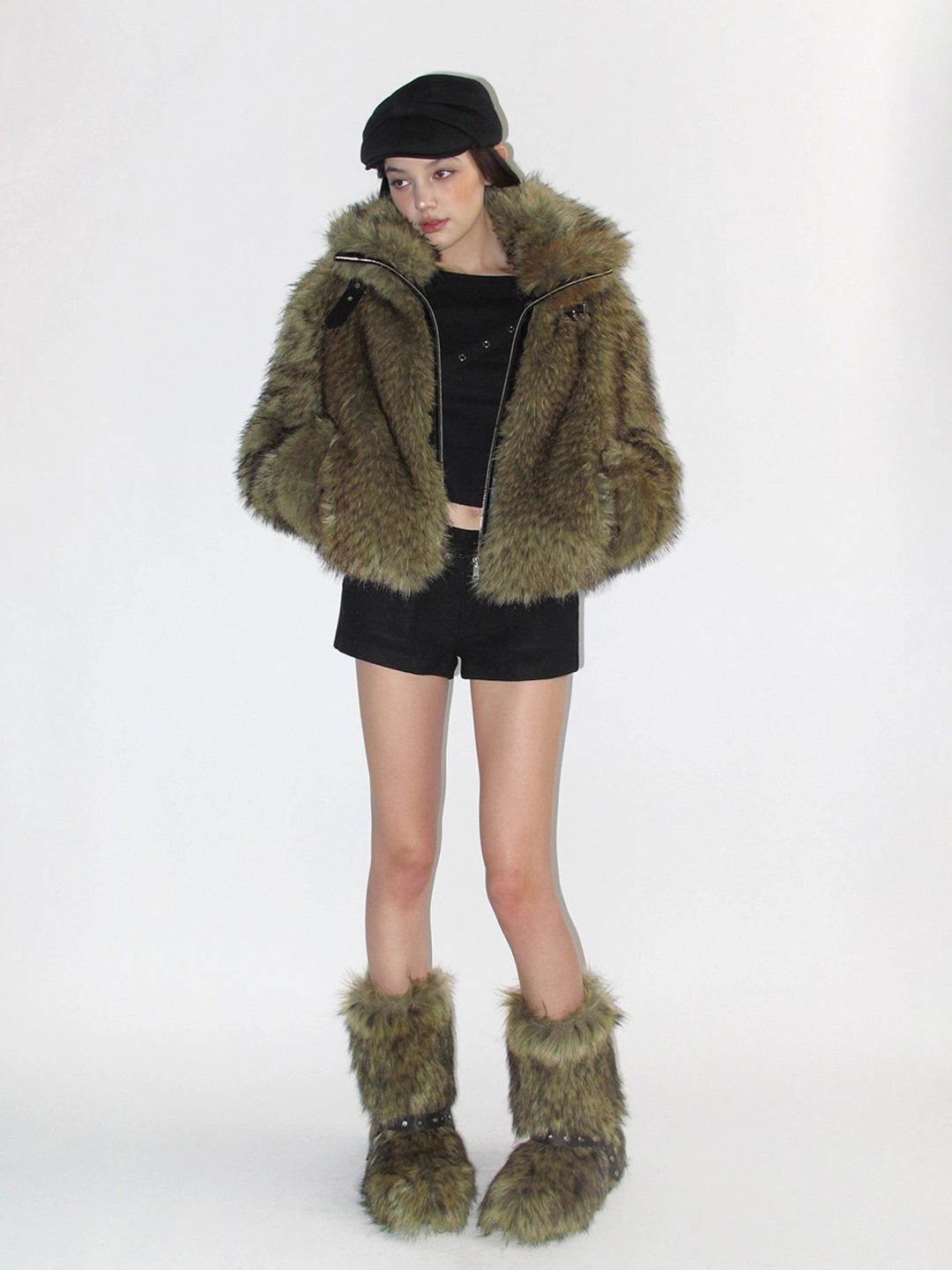 크랭크 LEATHER BUCKLE FAUX FUR JACKET_BROWN 상품 이미지 2