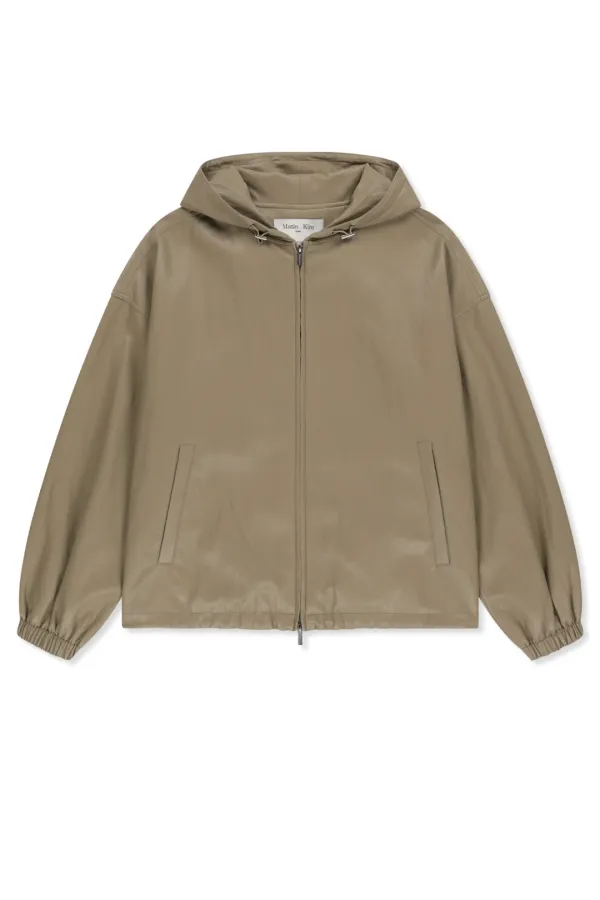 FAUX LEATHER APPLIQUE LOGO HOODY JUMPER IN BEIGE