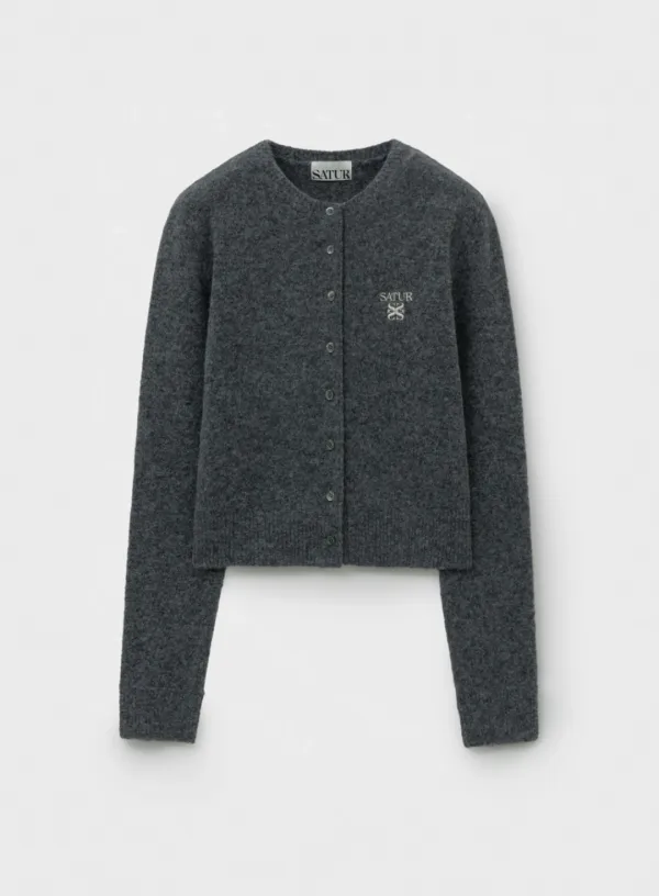 (W) Loren Wool Blend Crew Neck Knit Cardigan - Charcoal