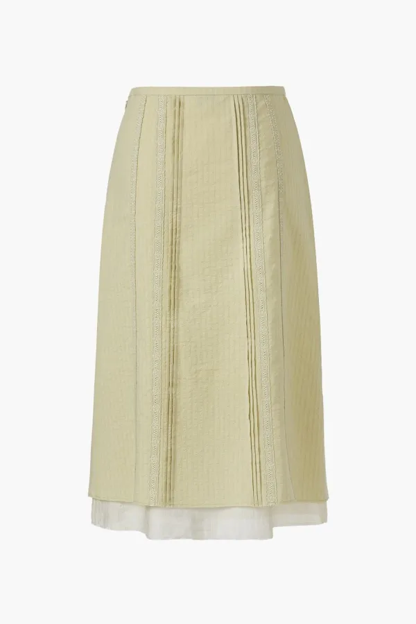 Lace Pintucked Midi Skirt, Olive