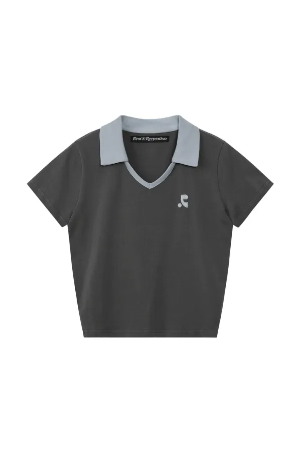 V-NECK COLLAR TOP - CHARCOAL