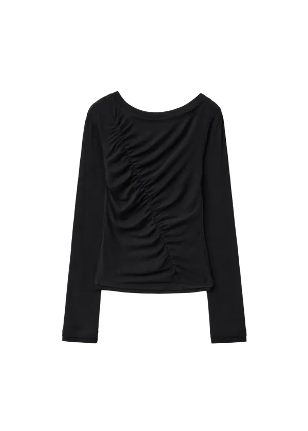 [2ND] OBLIQUE SHIRRING TOP, BLACK