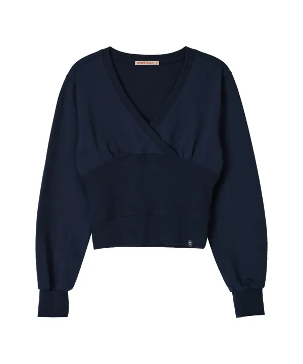Slim Wrap V Neck Sweat Shirt-Navy