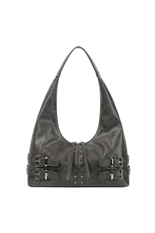 Double-Buckle Stud Shoulder Bag [ Light Gray ]