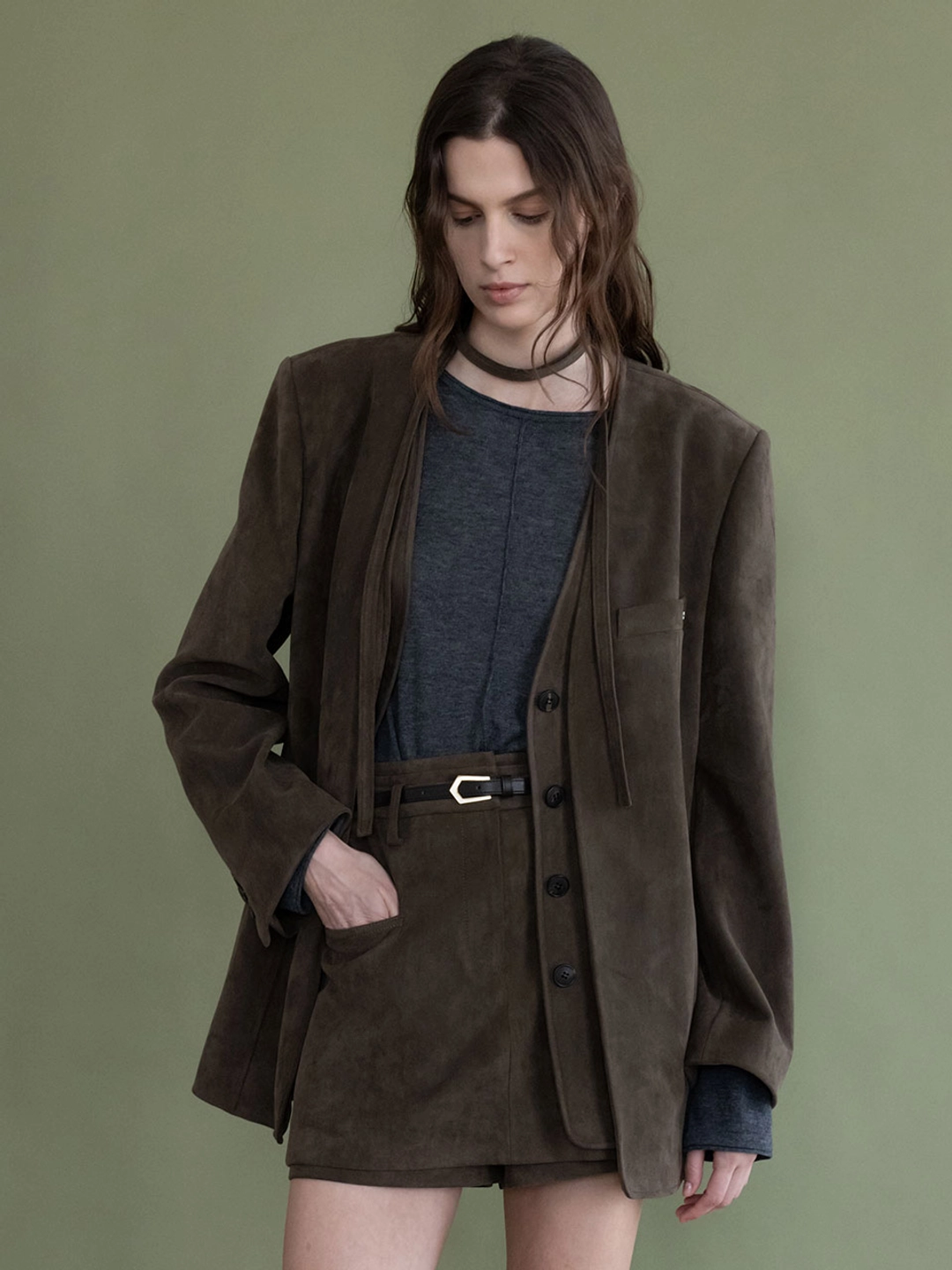 루에브르 Faux Suede Collarless Layered Jacket SL5XJ938-B8 상품 이미지 2