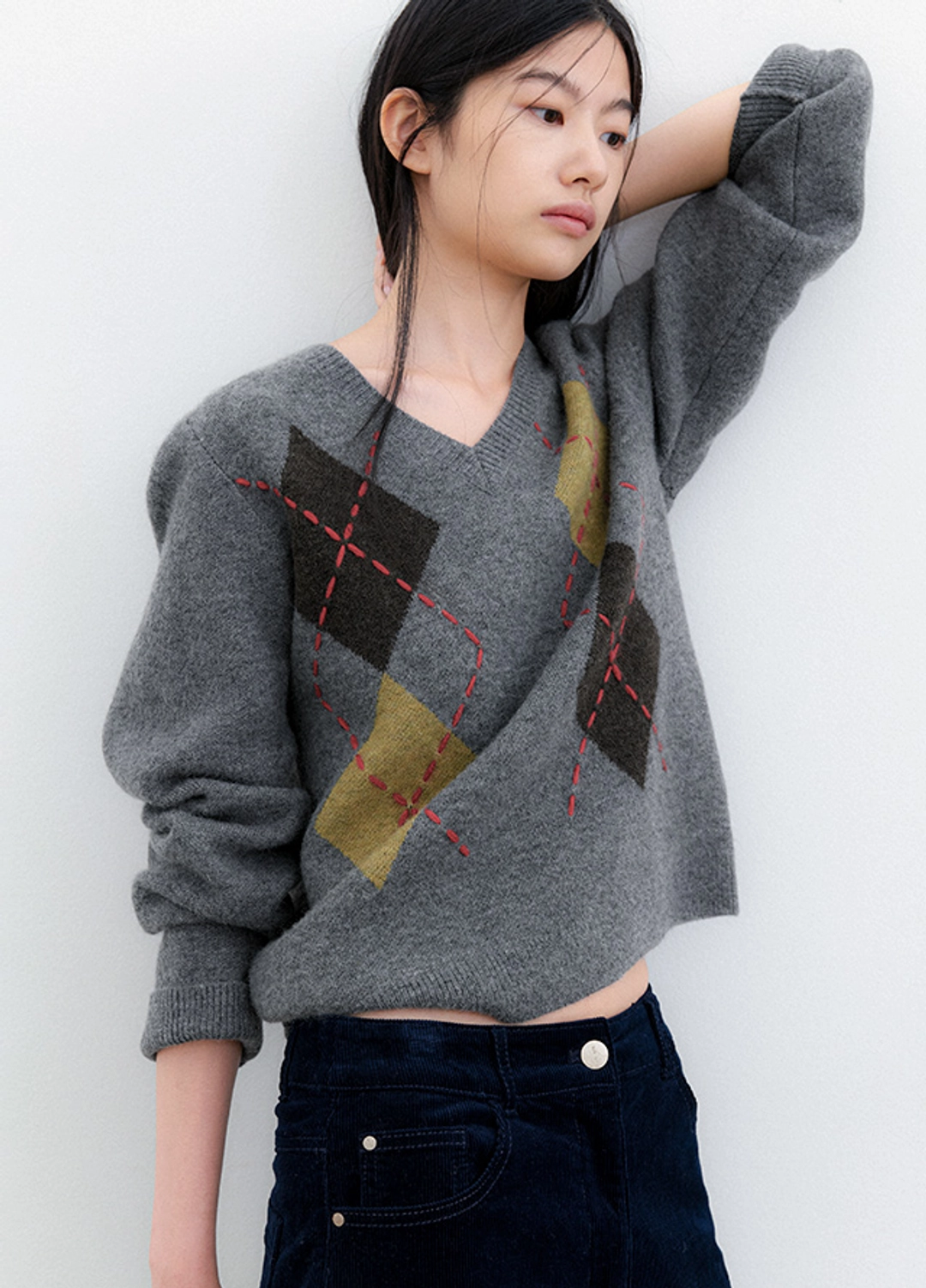 아뜰리에 나인 (T-7305)ARGYLE WOOL STITCH POINT V-NECK KNIT 상품 이미지 2