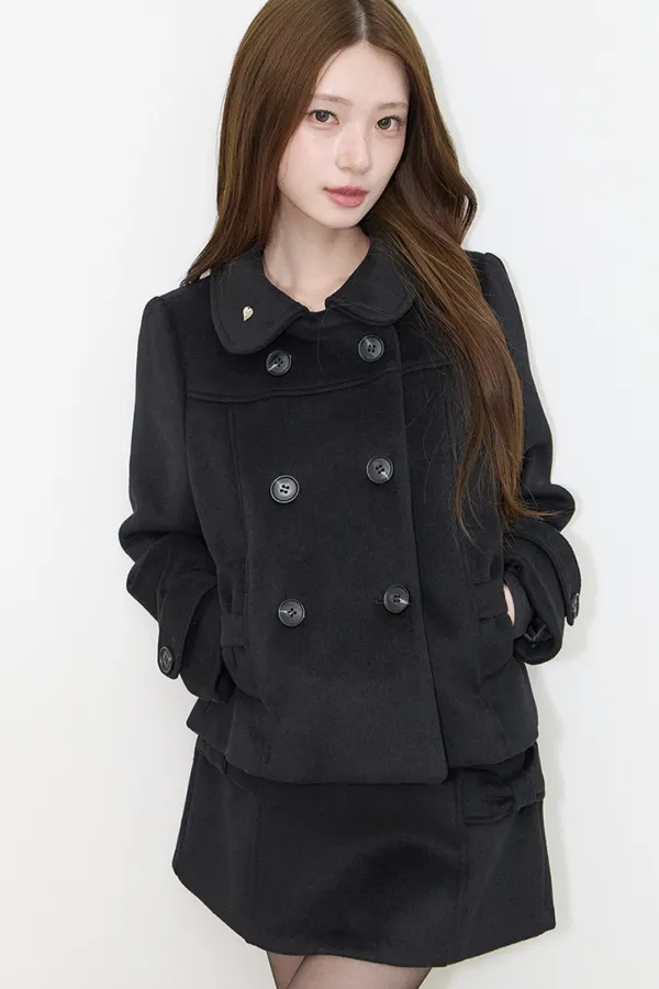 보우 버튼 숏 코트 블랙