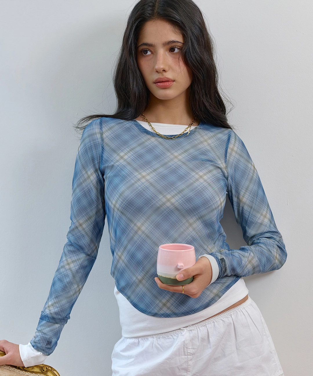 비터셀즈 Check See Through Long Sleeve-Blue 상품 이미지 2