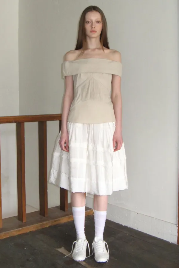 Off-Shoulder Pintuck Blouse (Light Beige)