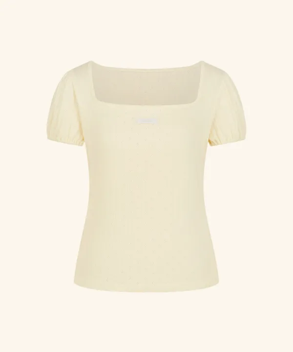 Letters Square Neck Puff Sleeve T-Shirt (Cream Yellow)