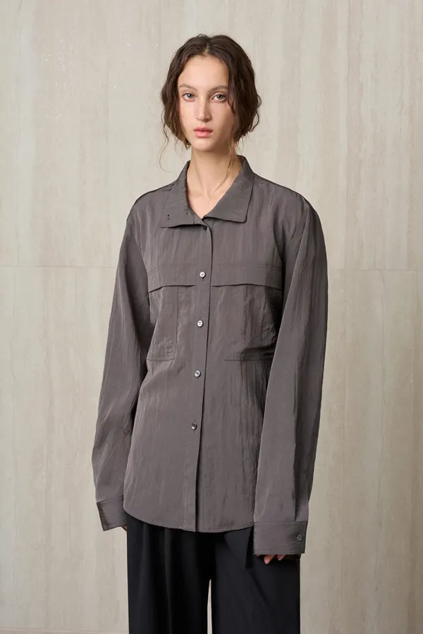 HIGH NECK BELTED SHIRT CHARCOAL