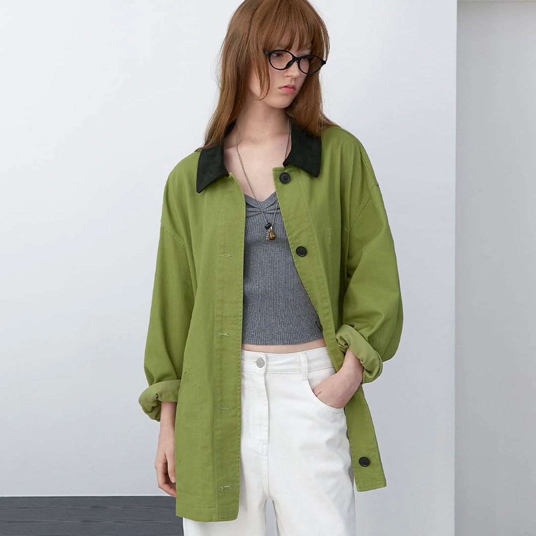 아뜰리에 나인 (CT-1478)STITCH COUDUROY COLLAR OLIVE JACKET 상품 이미지 1