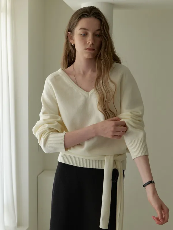 A V-NECK OVERSIZED MUFFLER  KNIT SET_IVORY