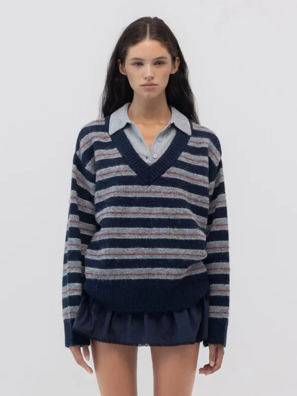MELLOW V-NECK STRIPE KNIT (NAVY STRIPE)
