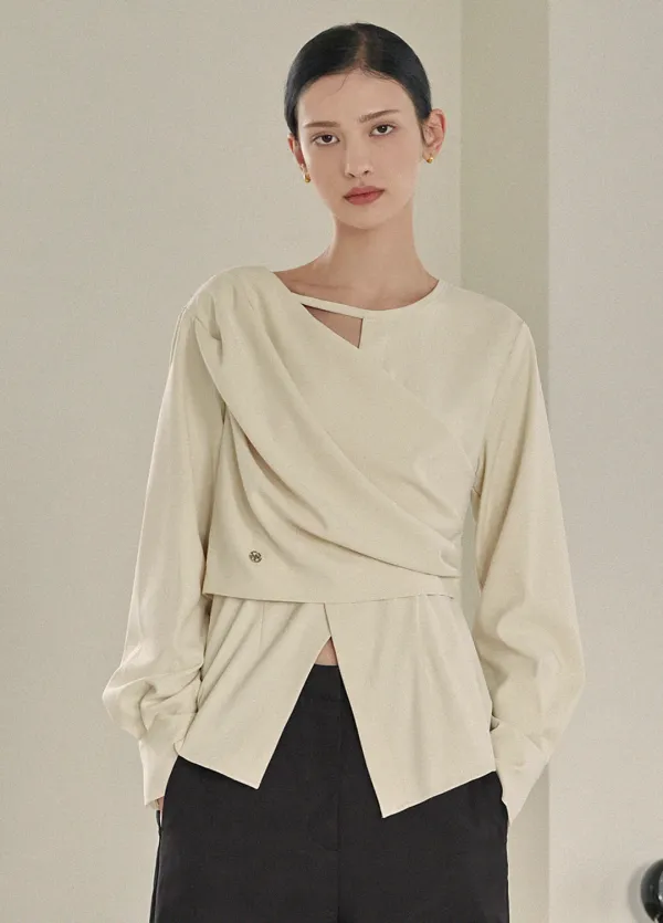 [44-120] Poshly Neck Point Wrap Blouse&nbsp;포쉴리 넥 포인트 랩 블라우스 (가을/봄/하객룩/오피스룩/격식룩/데이트룩/데일리룩/미팅룩/페미닌/드레이프/랩/고급/빅사이즈/자체제작) 