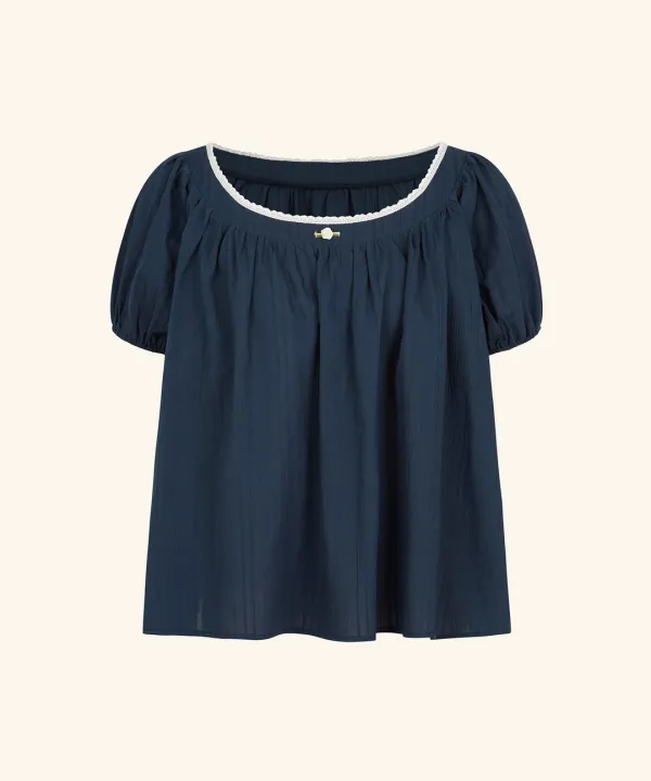 [6/4 순차배송] Noir Shirring Flare Blouse (Navy)